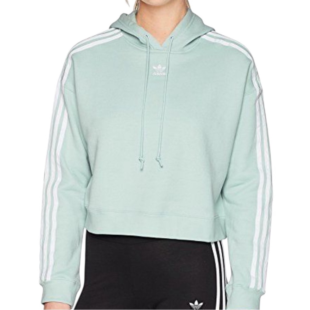 Adidas Originals Mint Green Cropped Hoodie — 3-Stripes Streetwear Medium